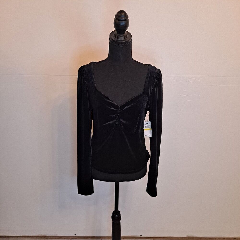 Laundry By Shelli Segal Women's Velour Top Size M Black LS Sweetheart Neckline